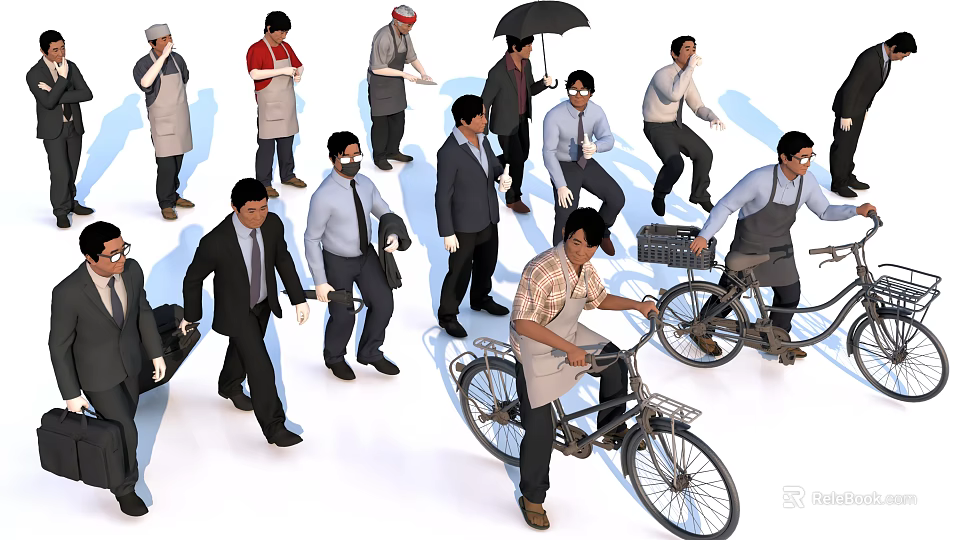 Two People Biking With Basket And Walking In Business Attire On Urban Street 3d model 