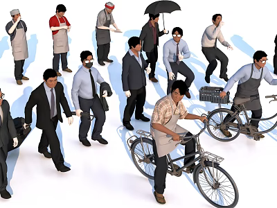 Two People Biking With Basket And Walking In Business Attire On Urban Street 3d model