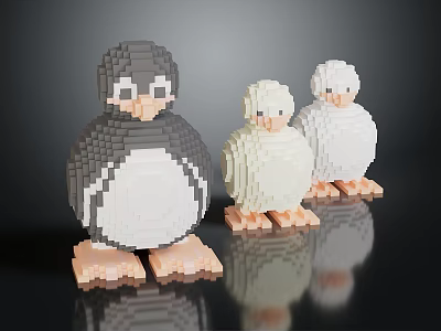 Cute Brick Built Penguin Figures With Large Gray And Small White Bodies And Orange Feet 3d model