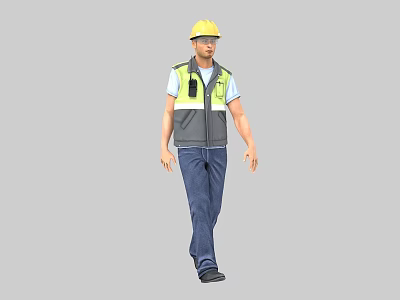 Man Wearing Yellow Hard Hat Reflective Vest Blue T Shirt Pants And Black Shoes Walking 3d model