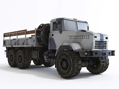 Military Style Camouflage Utility Truck With Large Tires Open Cargo Bed And Spare Wheel 3d model