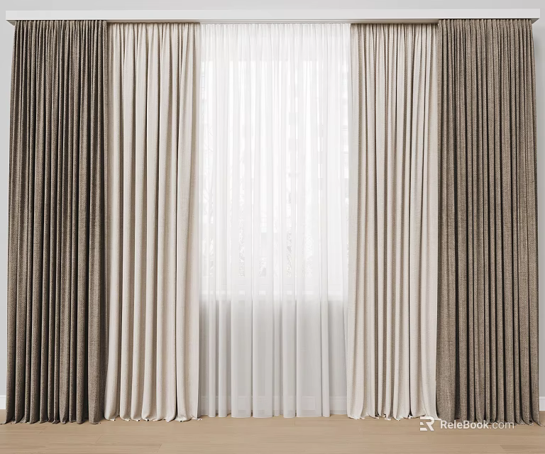Brown And Beige Layered Curtains With Sheer Fabric For Window In Home Interior 3d model 