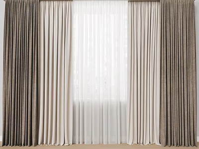 Brown And Beige Layered Curtains With Sheer Fabric For Window In Home Interior 3d model