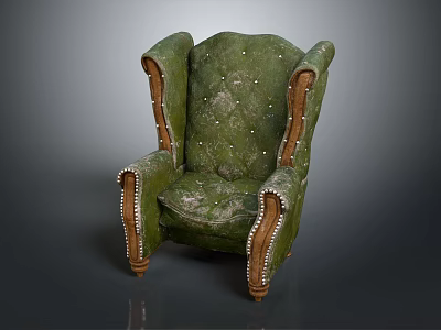 Vintage Green Wingback Armchair With Wooden Arms Legs And Pearl Accents 3d model