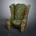 Vintage Green Wingback Armchair With Wooden Arms Legs And Pearl Accents