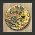 Decorated Artisan Flatbread With Fresh Green Herbs And Yellow Flower Toppings On Wooden Board