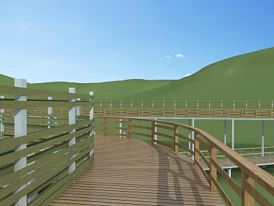 Scenic Garden Landscape With Wooden Boardwalk And Railings Surrounded By Green Hills And Blue Sky 3d model