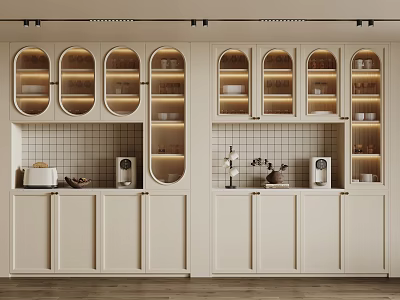 Modern Kitchen Interior With Light Colored Cabinets Glass Doors Shelves And Coffee Machine 3d model