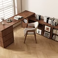L shaped Wooden Desk With White Chair Bookshelf Books Photo Frames And Window Blinds