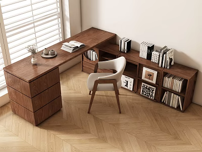 L shaped Wooden Desk With White Chair Bookshelf Books Photo Frames And Window Blinds 3d model