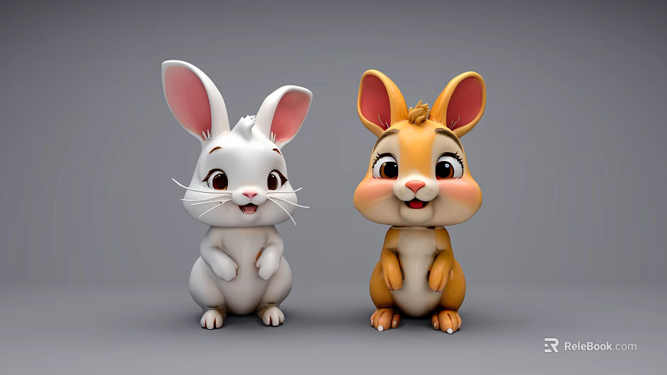 Cute 3D Cartoon Rabbits With White Brown Fur And Big Ears Standing 3d model 