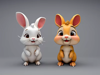 Cute 3D Cartoon Rabbits With White Brown Fur And Big Ears Standing 3d model