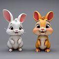 Cute 3D Cartoon Rabbits With White Brown Fur And Big Ears Standing
