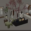 Stylish Clothes Display with Hangers Green Plants Green Chair and Black Table