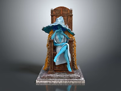 Game Movie Character In Blue Robe Sitting On Ornate Throne With Wide Brimmed Hat 3d model