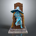 Game Movie Character In Blue Robe Sitting On Ornate Throne With Wide Brimmed Hat