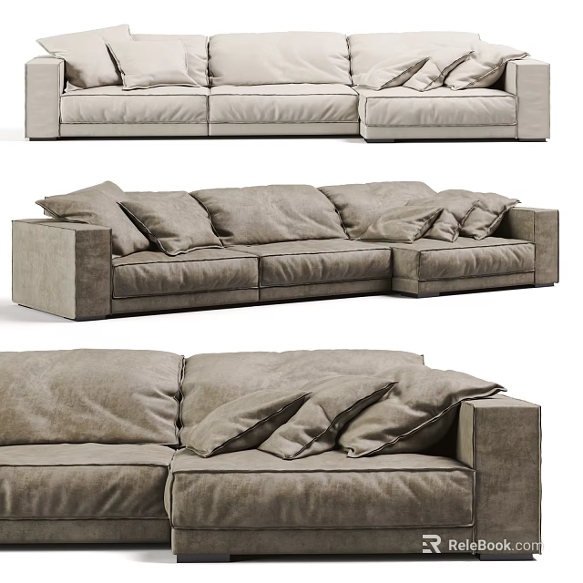 Modern Beige Sectional Sofa With Multiple Soft Cushions And Upholstered Corner Design 3d model