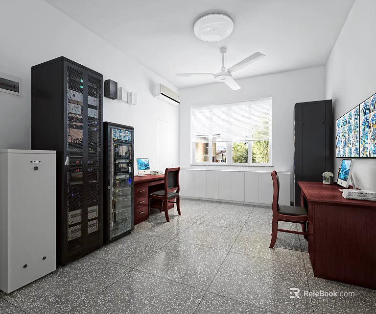 Modern Monitoring Room Interior With Equipment Cabinets Desks Computers And Ceiling Fan 3d model 
