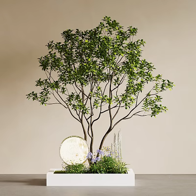 Lush Leafy Tree Round White Object Green Plants and Purple Flowers on Light Colored Wall 3d model