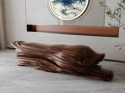Elegant Natural Wooden Stool With Log Texture In Modern Interior And Decorative Painting Green Plant 3d model