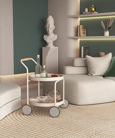 Modern Living Room With Round Side Table On Wheels 3d model