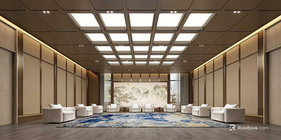 Elegant Hotel Public Lounge Area with White Sofas Blue Carpet Wall Painting and Ceiling Lights 3d model 