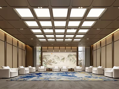 Elegant Hotel Public Lounge Area with White Sofas Blue Carpet Wall Painting and Ceiling Lights 3d model