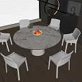 Modern Round Marble Dining Table Set with Six White Chairs Fruit Bowl in Kitchen 3d model