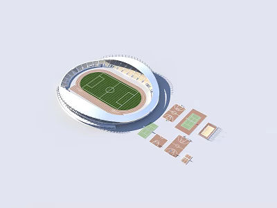 Aerial View of Modern Stadium with Football Field and Surrounding Architectural Models 3d model