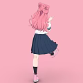 Anime Woman With Pink Hair White Top Green Scarf In Happy Dancing Pose Pink Background