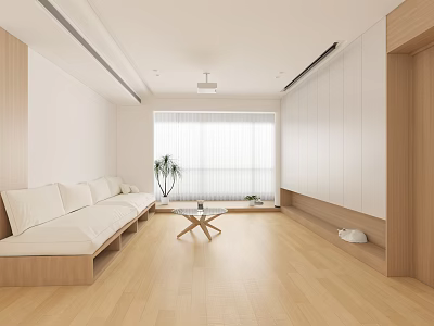 Modern Living Room Interior With Wooden Elements White Sofa Plants And Floor to Ceiling Windows 3d model