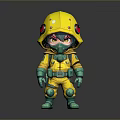 Cute 3D Cartoon Character with Yellow Helmet Red Eyes and Green Protective Gear