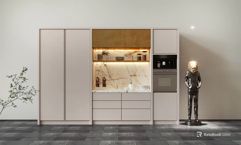 Modern Light Colored Kitchen Cabinets With Marble Countertop Built in Oven And Decorative Items 3d model 