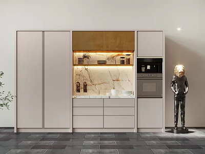 Modern Light Colored Kitchen Cabinets With Marble Countertop Built in Oven And Decorative Items 3d model