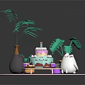 Festive Birthday Cake With Small Desserts Adorable Stuffed Animals On Pink Plate And Decorative Plants