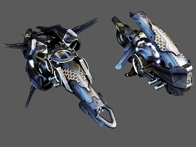 Science Fiction Mechanical Models With Metallic Black And Gold Finish Wings Thrusters And Honeycomb Patterns 3d model