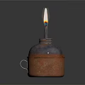 Lit Kerosene Lamp With Rustic Metal Body And Burning Wick On Dark Background