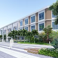 Modern Hotel Building with Palm Trees Water Fountain Glass Facade and White Pergola Landscaping