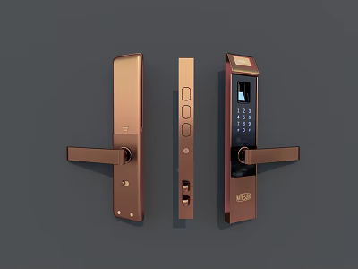 Copper Colored Door Handles with Three Different Designs Featuring Keypad and Fingerprint Recognition 3d model