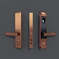 Copper Colored Door Handles with Three Different Designs Featuring Keypad and Fingerprint Recognition