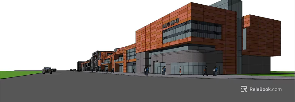 Modern Commercial Street With Orange Buildings Glass Facades And Pedestrians 3d model 