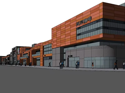 Modern Commercial Street With Orange Buildings Glass Facades And Pedestrians 3d model