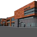 Modern Commercial Street With Orange Buildings Glass Facades And Pedestrians