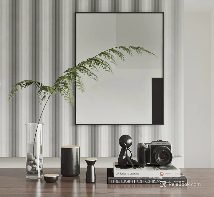 Modern Decorative Ornament Set with Green Plant Vase Mirror Vintage Camera and Books 3d model 