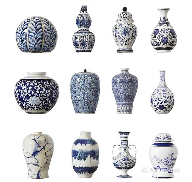 Traditional Blue and White Ceramic Porcelain Vessels With Intricate Patterns and Various Shapes 3d model 