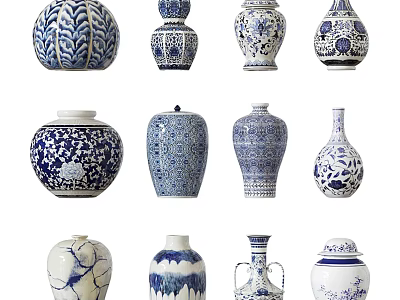 Traditional Blue and White Ceramic Porcelain Vessels With Intricate Patterns and Various Shapes 3d model