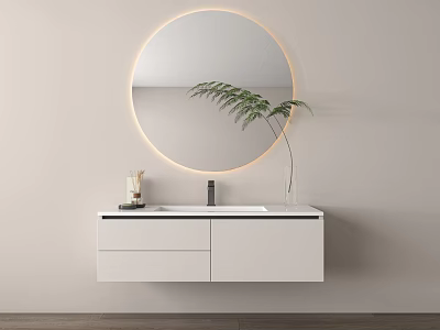 Modern Minimalist Bathroom Vanity With White Wall Mounted Cabinet Round Backlit Mirror And Potted Plant 3d model