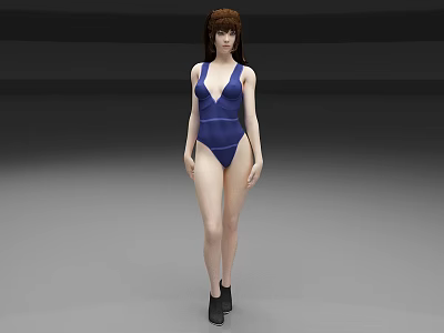 Brown Haired Woman in Blue One Piece Swimsuit Standing Against Gray Background with Black Boots 3d model