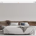 Double Bed With Rustic Wooden Headboard White Bedspread Blue Pillows Plaid Blanket And Small Stool
