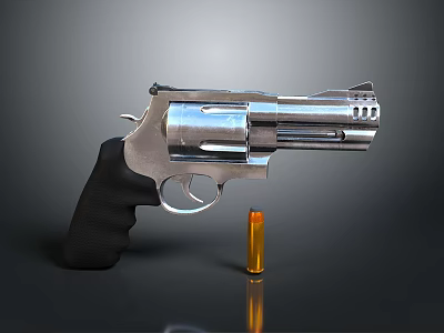 Silver Metallic Revolver With Black Grip And Orange Bullet On Dark Background 3d model